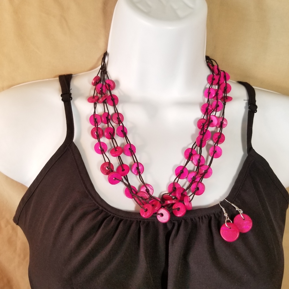 Fuchsia Multi-Strand Wood Bead Necklace